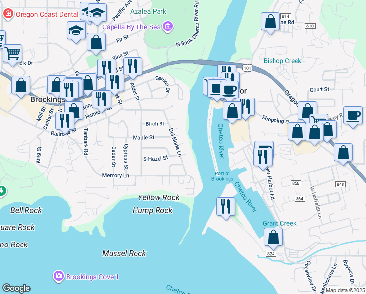 map of restaurants, bars, coffee shops, grocery stores, and more near 236 Fountain Court in Brookings