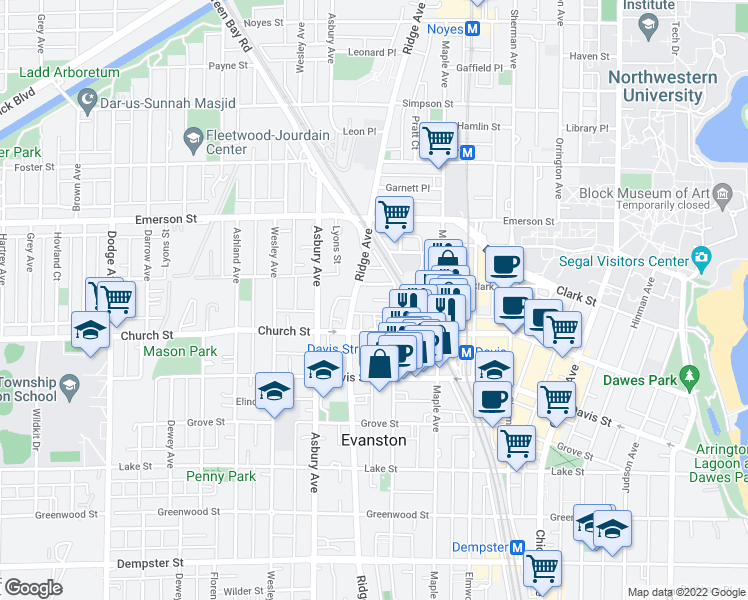 map of restaurants, bars, coffee shops, grocery stores, and more near 1718 Oak Avenue in Evanston