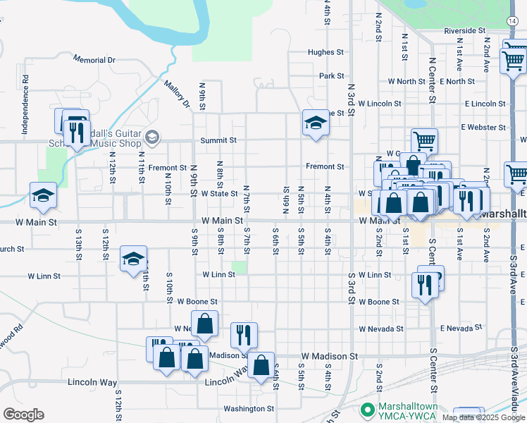 map of restaurants, bars, coffee shops, grocery stores, and more near 609 West Main Street in Marshalltown