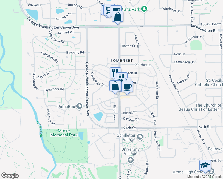 map of restaurants, bars, coffee shops, grocery stores, and more near 2710 Aspen Road in Ames