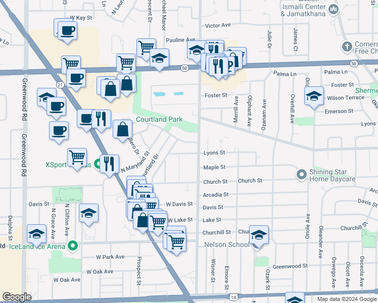 map of restaurants, bars, coffee shops, grocery stores, and more near 8013d Lyons Street in Niles