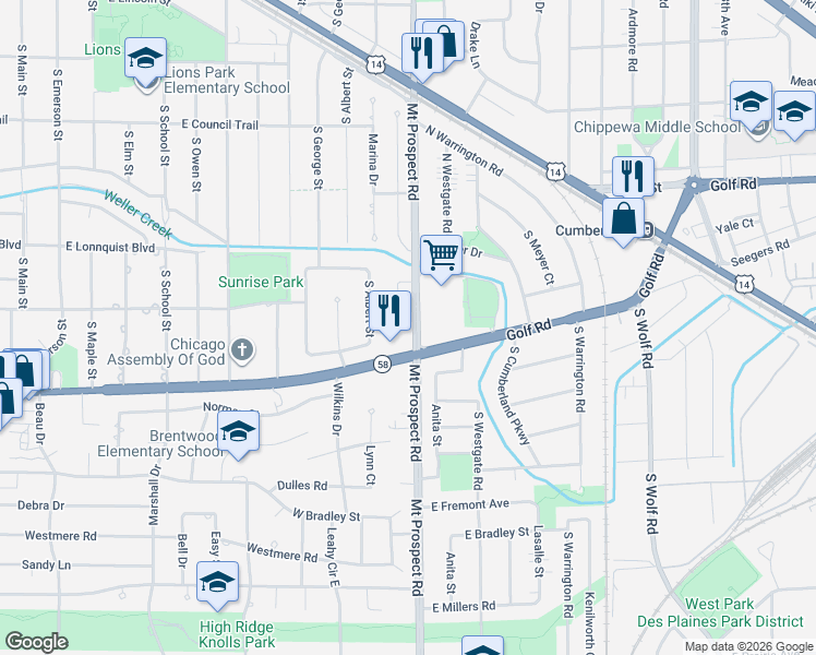 map of restaurants, bars, coffee shops, grocery stores, and more near 83 South Josephine Court in Des Plaines