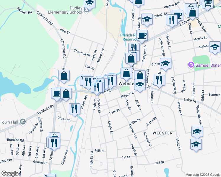 map of restaurants, bars, coffee shops, grocery stores, and more near 211 Main Street in Webster