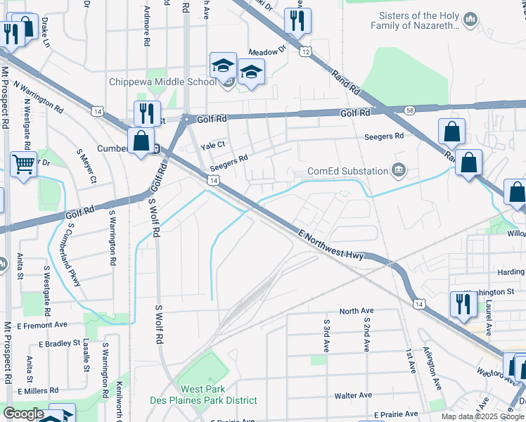 map of restaurants, bars, coffee shops, grocery stores, and more near 707 U.S. 14 in Des Plaines