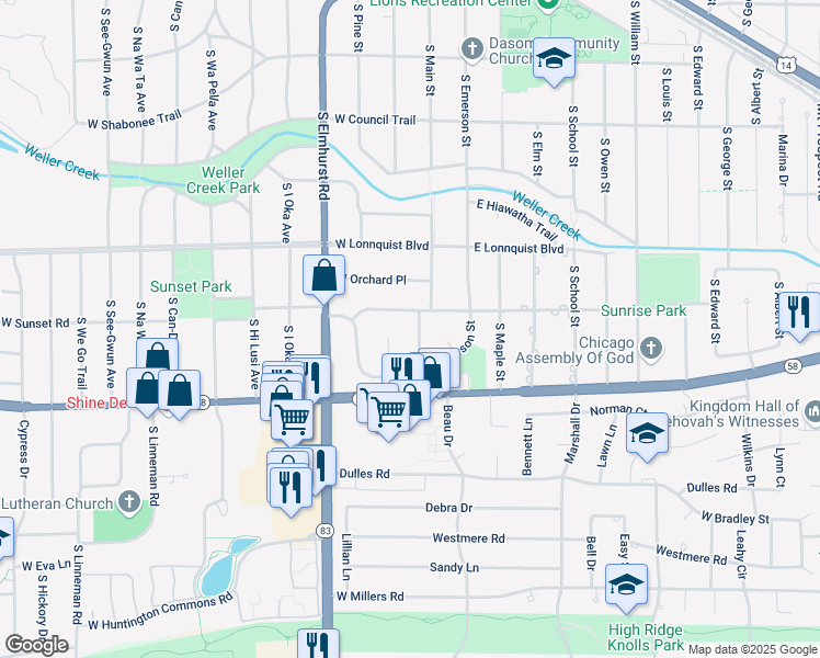 map of restaurants, bars, coffee shops, grocery stores, and more near 900 South Country Lane in Mount Prospect