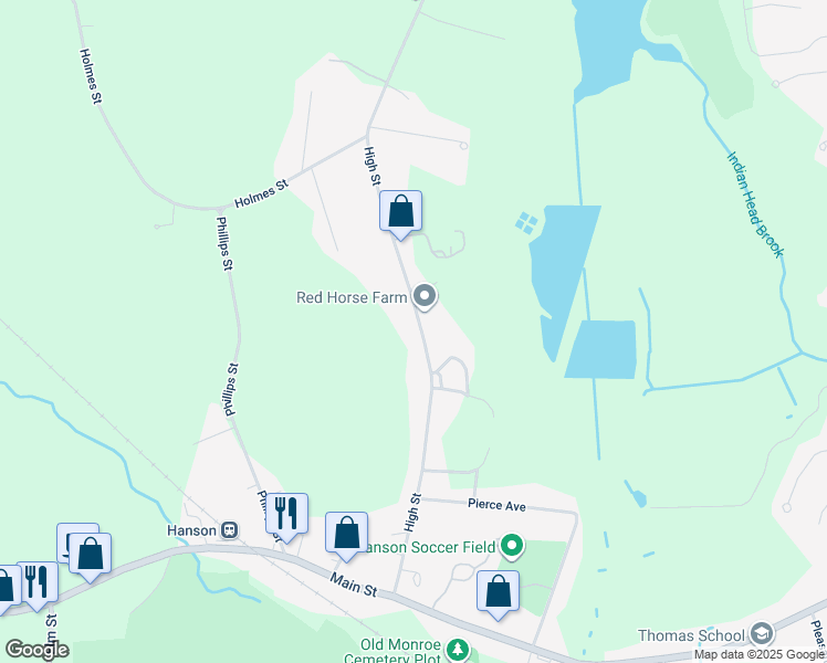 map of restaurants, bars, coffee shops, grocery stores, and more near 285 High Street in Hanson