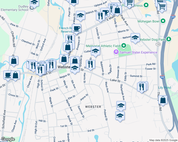 map of restaurants, bars, coffee shops, grocery stores, and more near 51 Lake Street in Webster