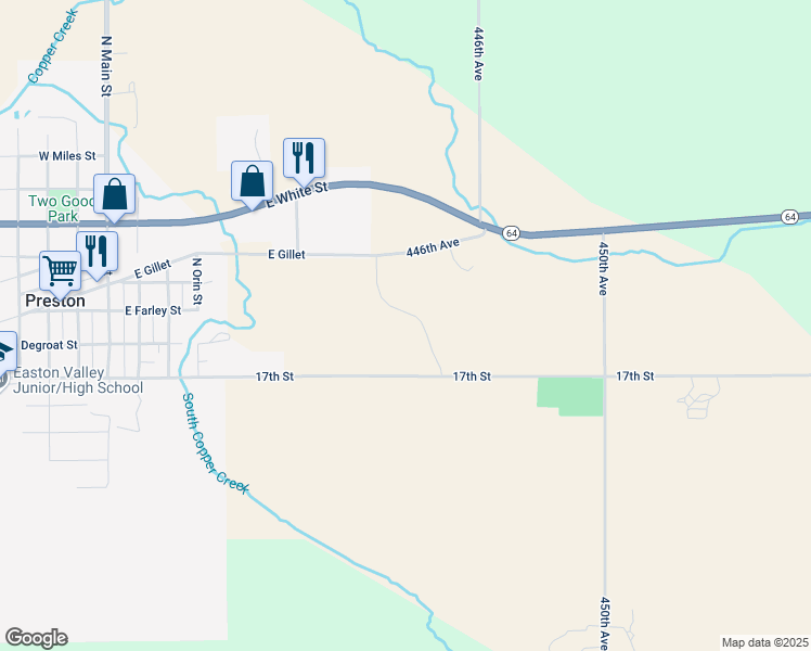 map of restaurants, bars, coffee shops, grocery stores, and more near 1880 445th Avenue in Preston