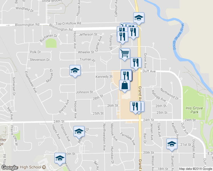 map of restaurants, bars, coffee shops, grocery stores, and more near 1120 Johnson Street in Ames