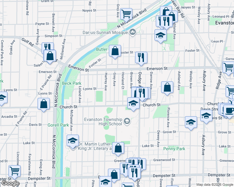 map of restaurants, bars, coffee shops, grocery stores, and more near 1733 Grey Avenue in Evanston