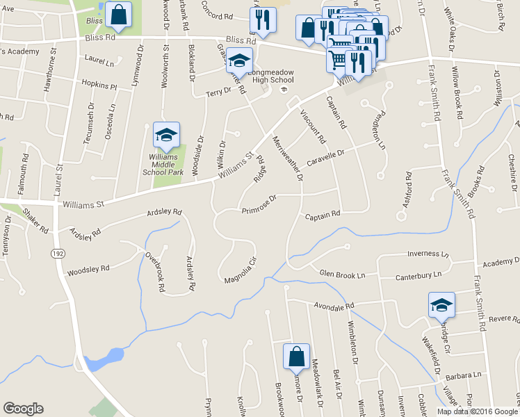 map of restaurants, bars, coffee shops, grocery stores, and more near 80 Primrose Drive in Longmeadow