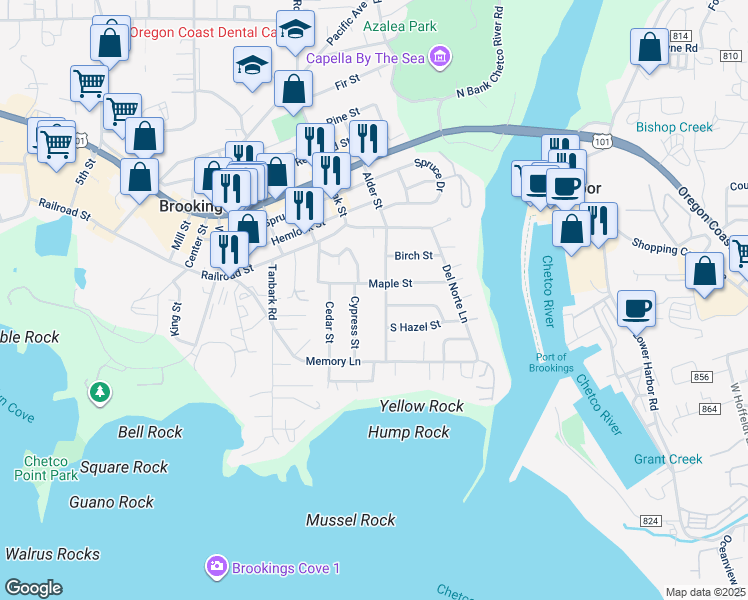 map of restaurants, bars, coffee shops, grocery stores, and more near 235 Alder Street in Brookings