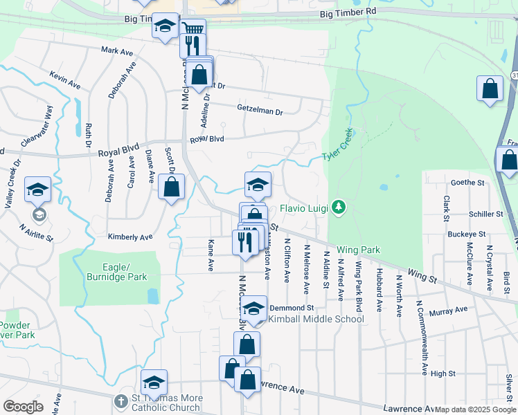 map of restaurants, bars, coffee shops, grocery stores, and more near 1350 Wing Street in Elgin