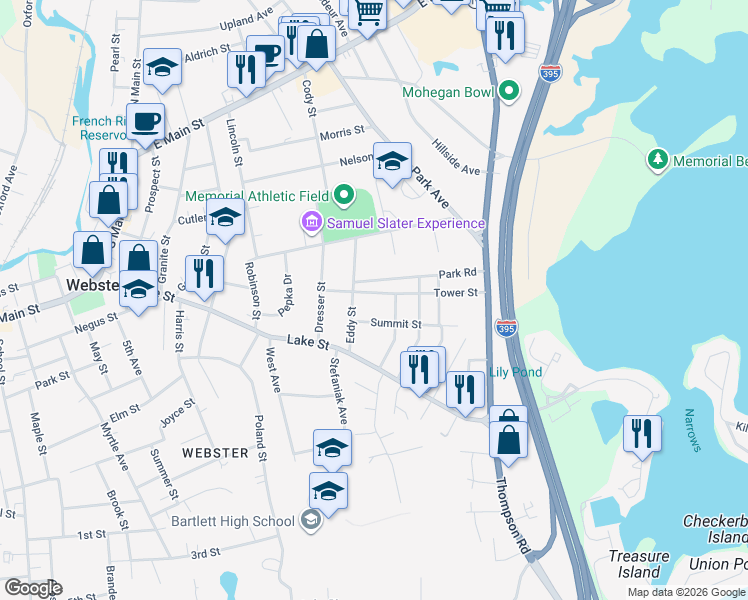 map of restaurants, bars, coffee shops, grocery stores, and more near 26 Tower Street in Webster