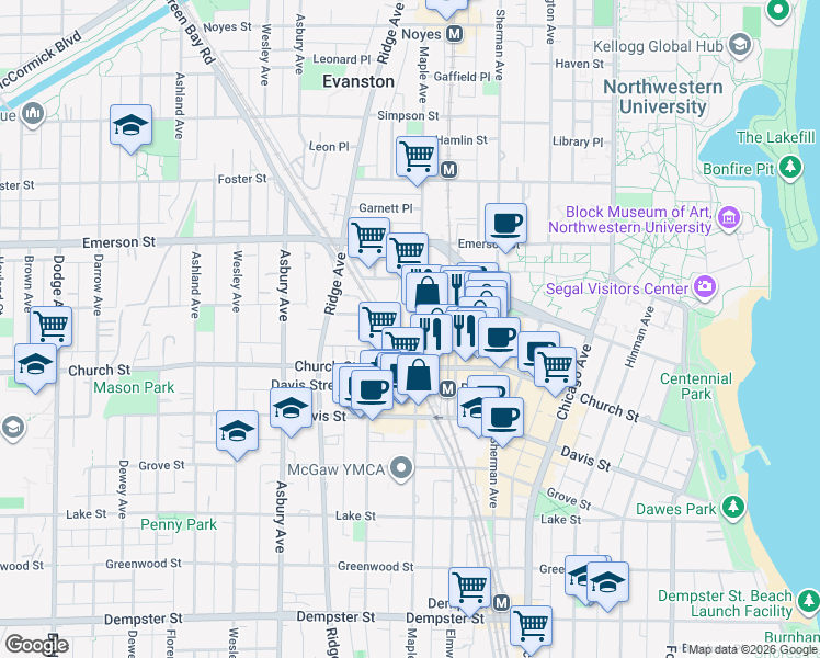 map of restaurants, bars, coffee shops, grocery stores, and more near 1720 Maple Avenue in Evanston