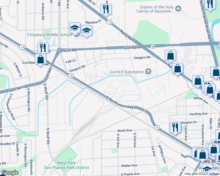 map of restaurants, bars, coffee shops, grocery stores, and more near 45 Nicholas Drive West in Des Plaines