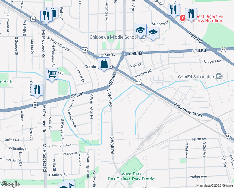 map of restaurants, bars, coffee shops, grocery stores, and more near 485 Harvey Avenue in Des Plaines
