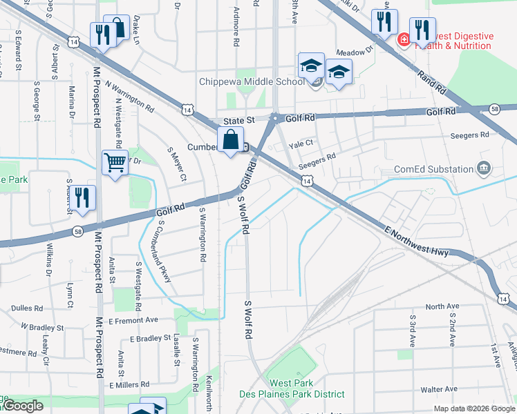 map of restaurants, bars, coffee shops, grocery stores, and more near 485 Harvey Avenue in Des Plaines