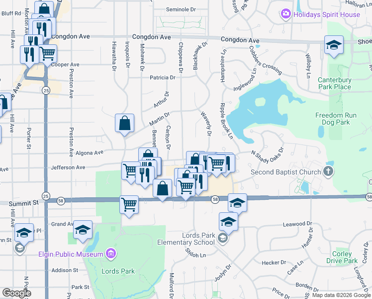 map of restaurants, bars, coffee shops, grocery stores, and more near 675 Chippewa Drive in Elgin