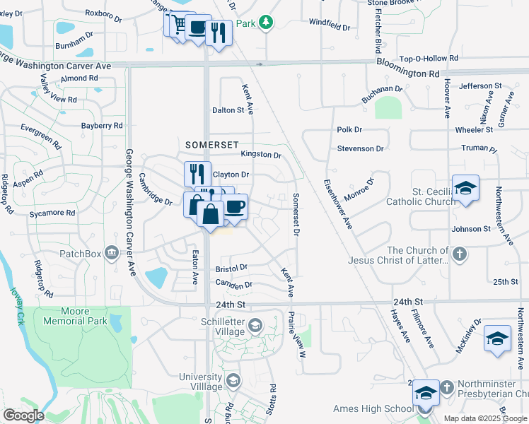 map of restaurants, bars, coffee shops, grocery stores, and more near 2706 Kent Avenue in Ames