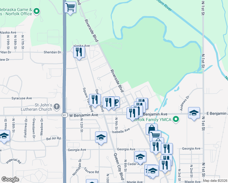 map of restaurants, bars, coffee shops, grocery stores, and more near 1501 Riverside Boulevard in Norfolk