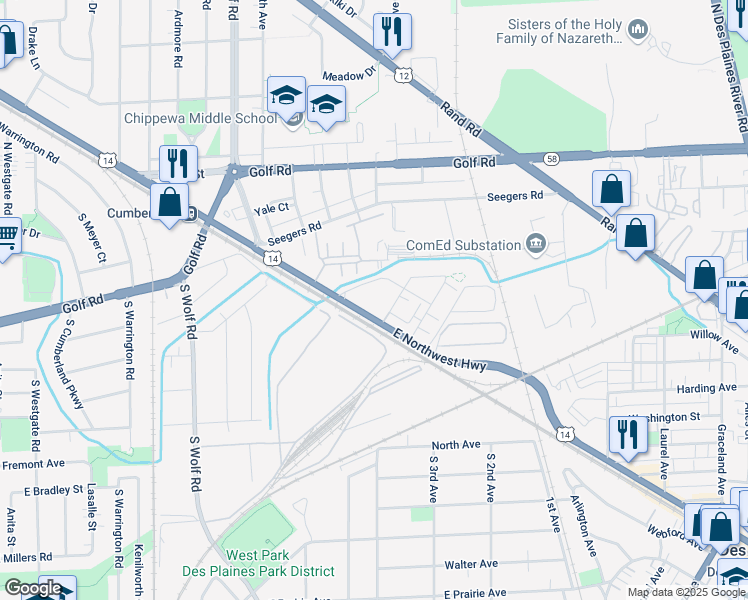 map of restaurants, bars, coffee shops, grocery stores, and more near 750 East Northwest Highway in Des Plaines