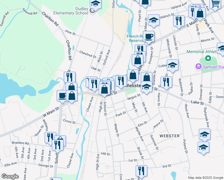 map of restaurants, bars, coffee shops, grocery stores, and more near 211 Main Street in Webster