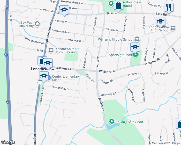 map of restaurants, bars, coffee shops, grocery stores, and more near 207 Williams Street in Longmeadow