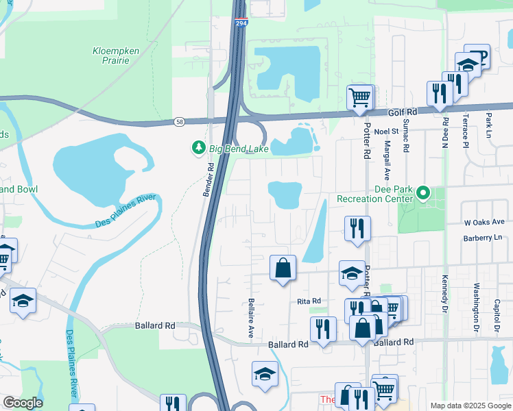 map of restaurants, bars, coffee shops, grocery stores, and more near 9410 Bay Colony Drive in Des Plaines