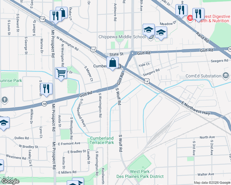 map of restaurants, bars, coffee shops, grocery stores, and more near 170 South Wolf Road in Des Plaines