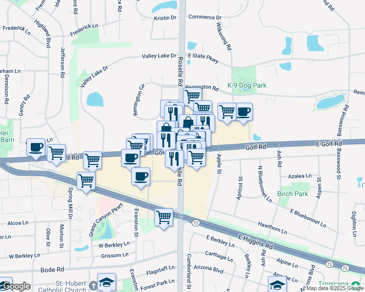 map of restaurants, bars, coffee shops, grocery stores, and more near North Roselle Road in Hoffman Estates