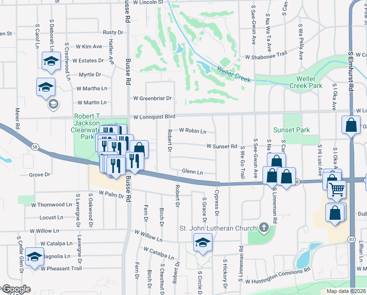 map of restaurants, bars, coffee shops, grocery stores, and more near 1219 West Sunset Road in Mount Prospect