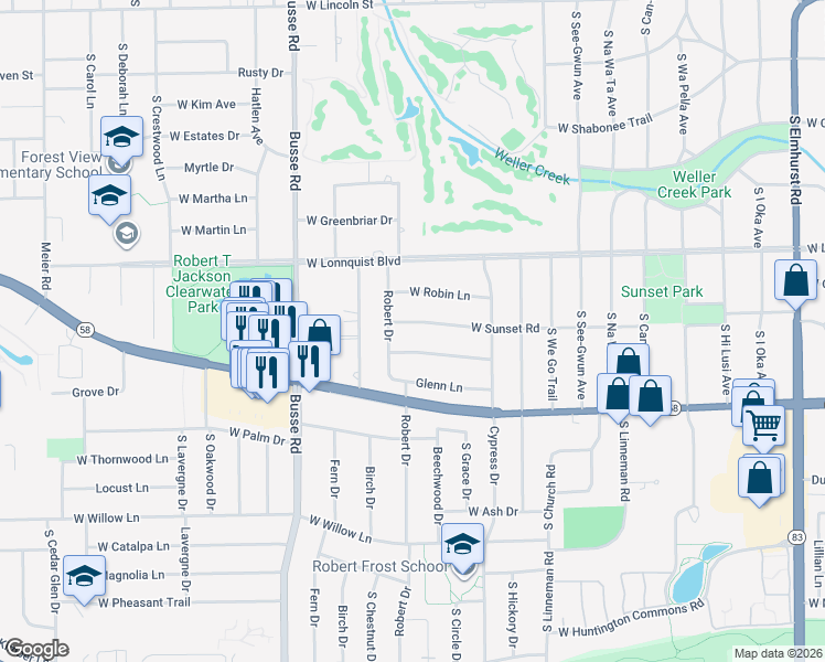 map of restaurants, bars, coffee shops, grocery stores, and more near 1219 West Sunset Road in Mount Prospect