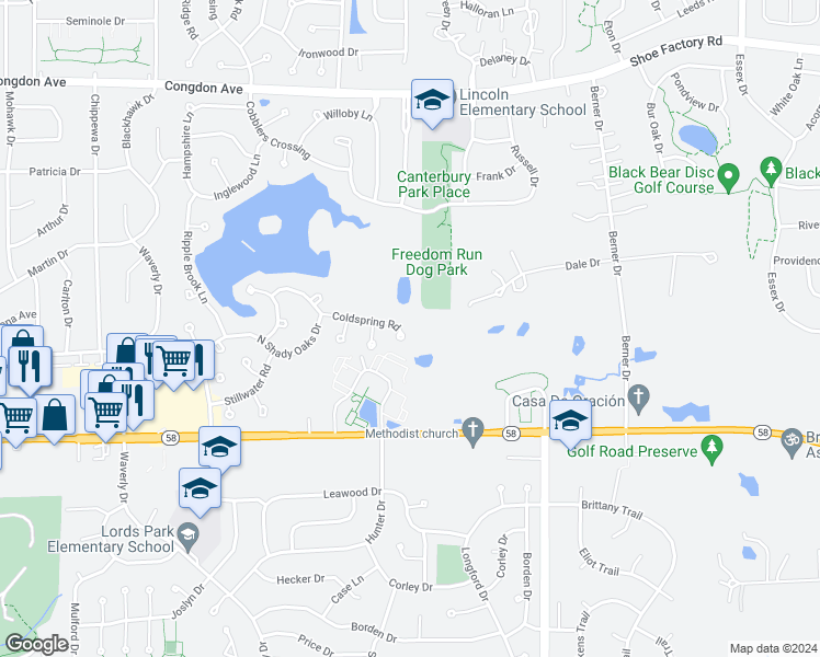 map of restaurants, bars, coffee shops, grocery stores, and more near 1234 Coldspring Road in Elgin