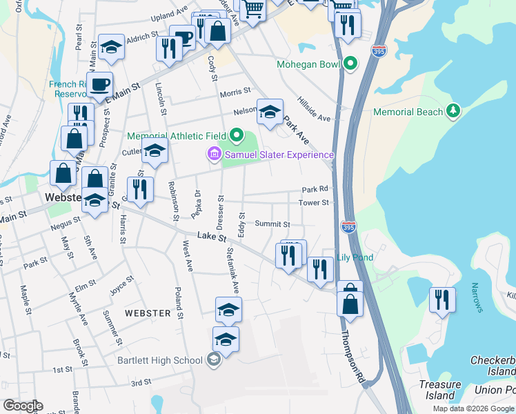 map of restaurants, bars, coffee shops, grocery stores, and more near 26 Tower Street in Webster