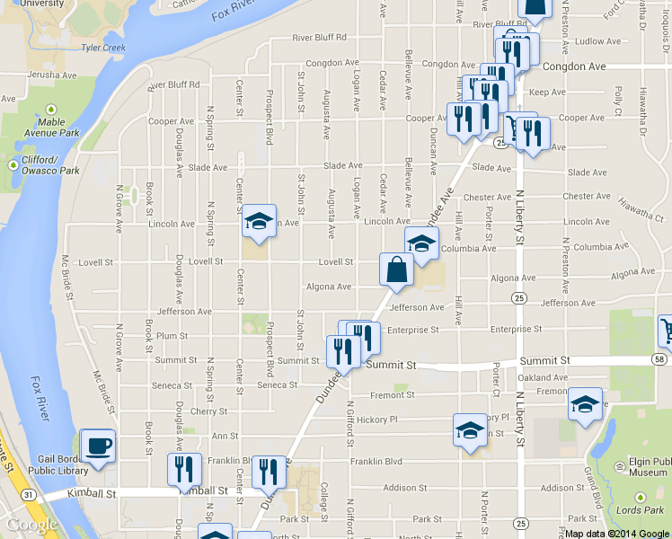 map of restaurants, bars, coffee shops, grocery stores, and more near 385 Lovell Street in Elgin