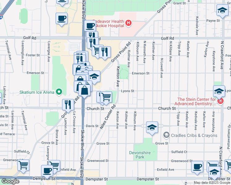 map of restaurants, bars, coffee shops, grocery stores, and more near 9254 Niles Center Road in Skokie