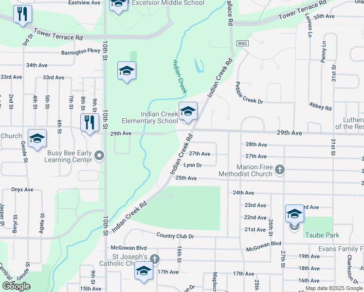 map of restaurants, bars, coffee shops, grocery stores, and more near 2760 Indian Creek Road in Marion