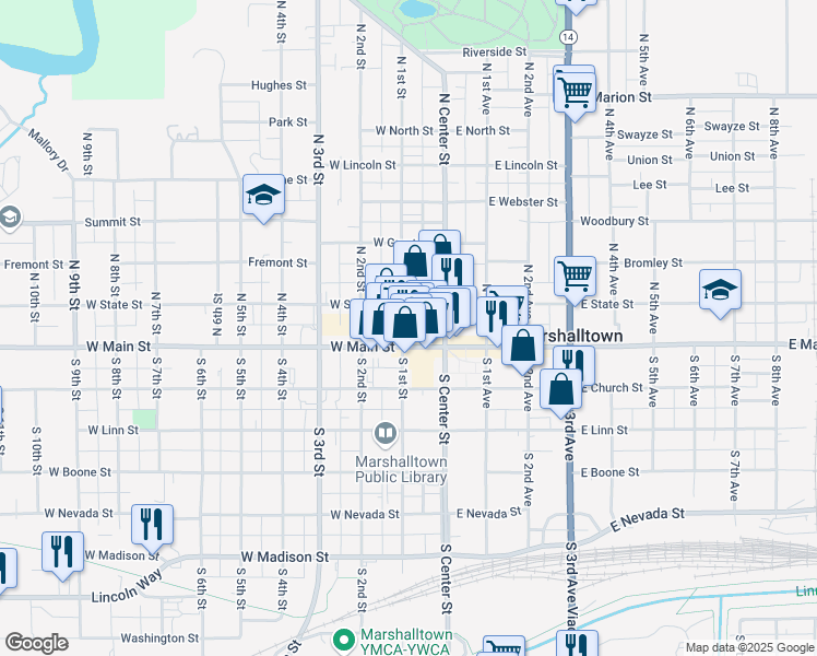 map of restaurants, bars, coffee shops, grocery stores, and more near 17 North 1st Street in Marshalltown