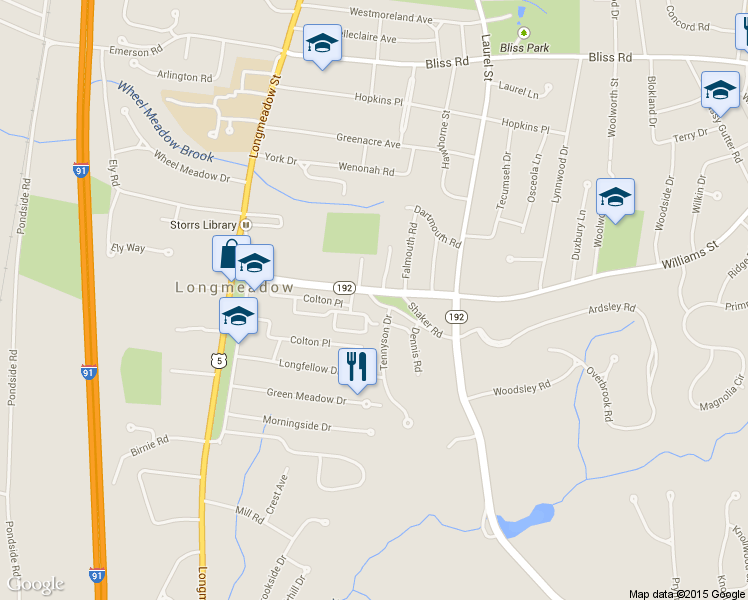 map of restaurants, bars, coffee shops, grocery stores, and more near 15 Parkside Drive in Longmeadow