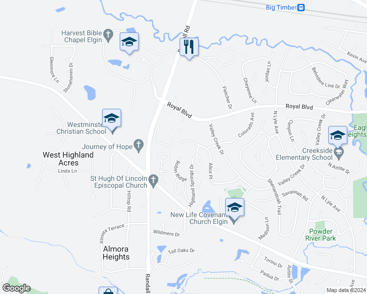 map of restaurants, bars, coffee shops, grocery stores, and more near 730 Alice Place in Elgin