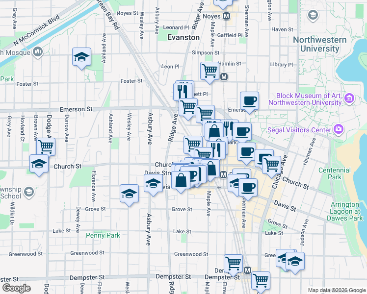map of restaurants, bars, coffee shops, grocery stores, and more near 1718 Oak Avenue in Evanston