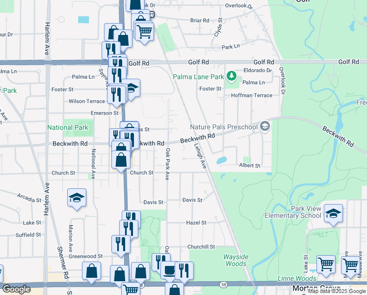 map of restaurants, bars, coffee shops, grocery stores, and more near 9240 Lehigh Avenue in Morton Grove