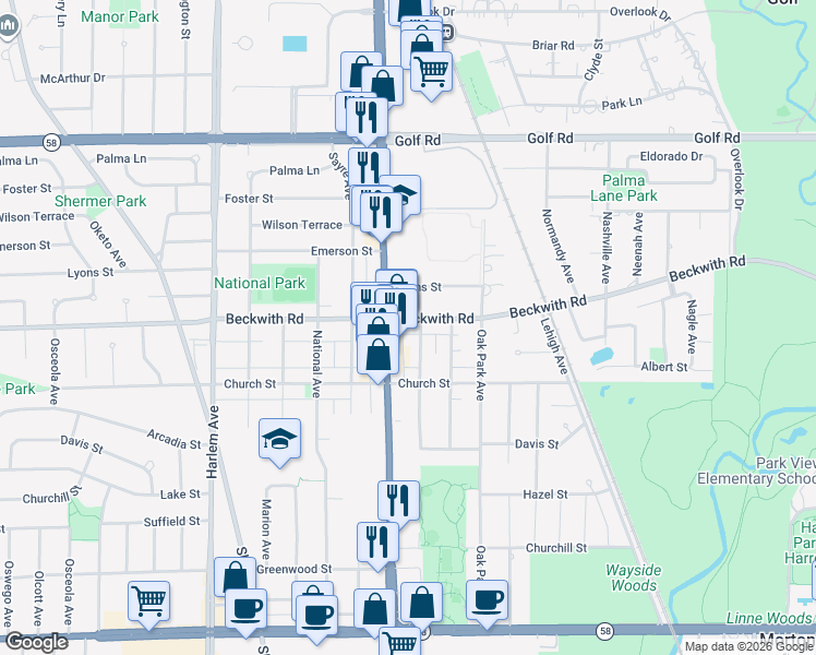 map of restaurants, bars, coffee shops, grocery stores, and more near 9237 New England Avenue in Morton Grove