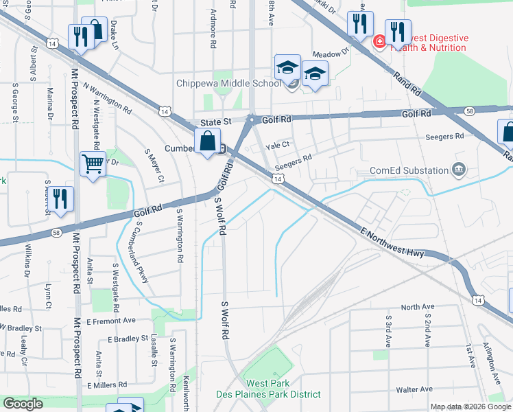 map of restaurants, bars, coffee shops, grocery stores, and more near 552 Columbia Avenue in Des Plaines