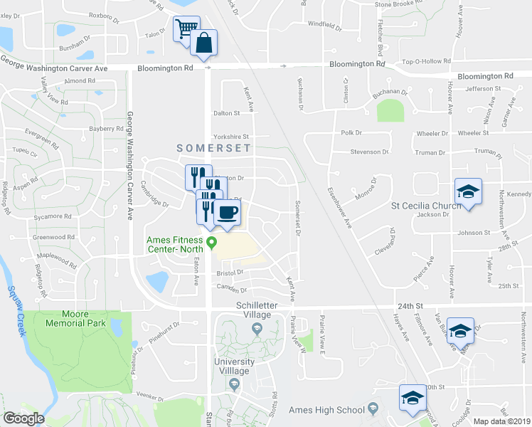 map of restaurants, bars, coffee shops, grocery stores, and more near 2706 Kent Avenue in Ames