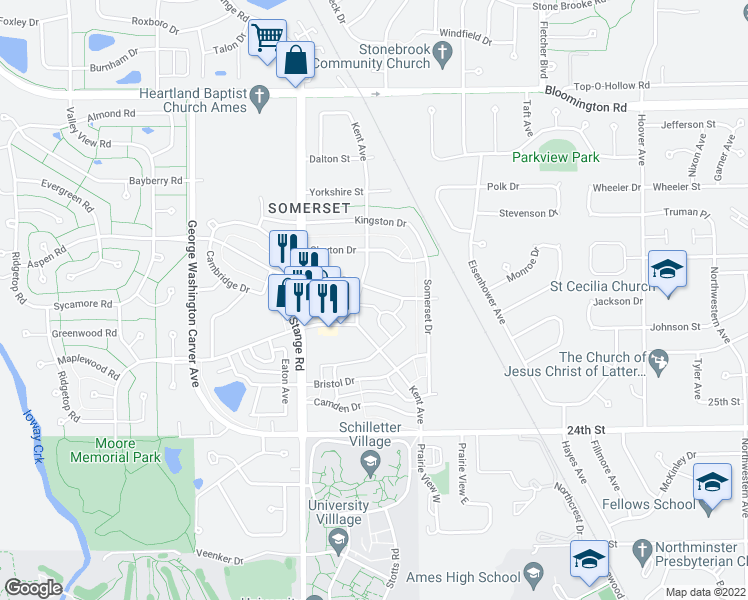 map of restaurants, bars, coffee shops, grocery stores, and more near 2706 Kent Avenue in Ames
