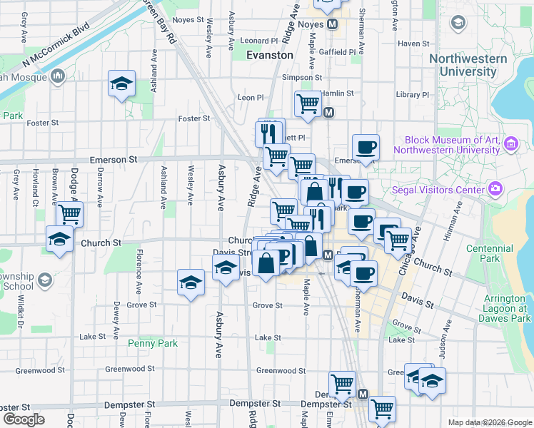 map of restaurants, bars, coffee shops, grocery stores, and more near 1717 Ridge Avenue in Evanston