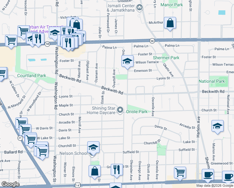 map of restaurants, bars, coffee shops, grocery stores, and more near 7627 Beckwith Road in Morton Grove