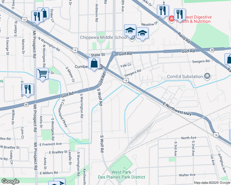 map of restaurants, bars, coffee shops, grocery stores, and more near 552 Columbia Avenue in Des Plaines